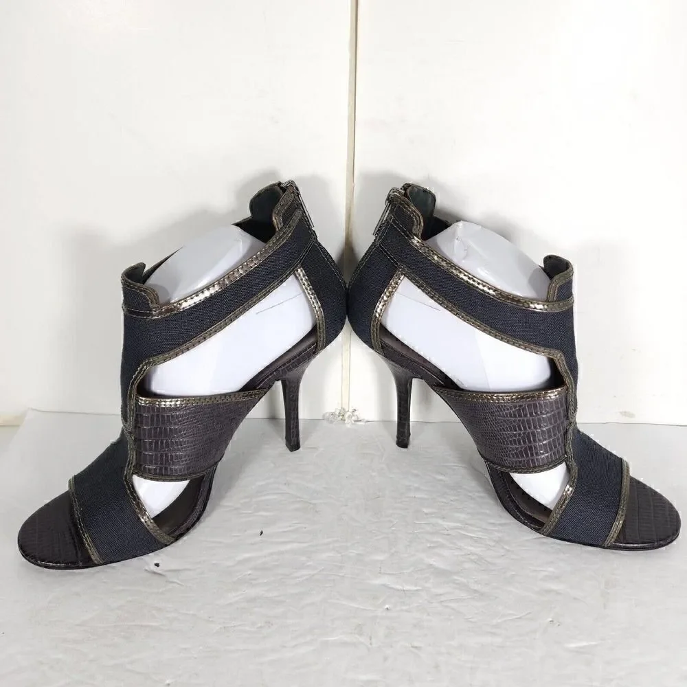 Tory Burch Women's US 10M Blue Canvas Leather Animal Print Cut-Out Heeled Sandal